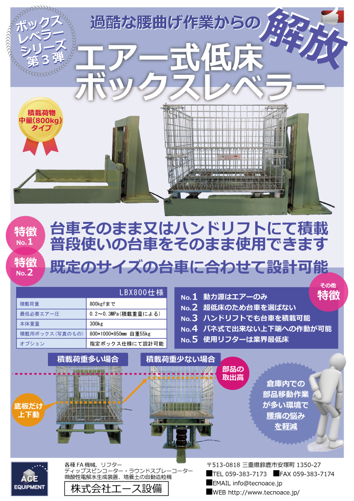 ボックスレベラーLBX800について。特徴No.1 台車そのまま又はハンドリフトにて積載、普段使いの台車をそのまま使用できます。特徴No.2 既定のサイズの台車に合わせて設計可能。本装置では過酷な腰曲げ作業からの解放をサポートいたします。